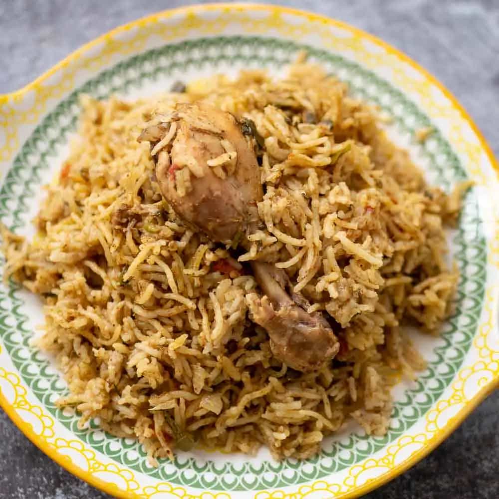 Authentic Chicken Biryani made with fragrant basmati rice, tender chicken, and traditional Indian spices restaurant near me