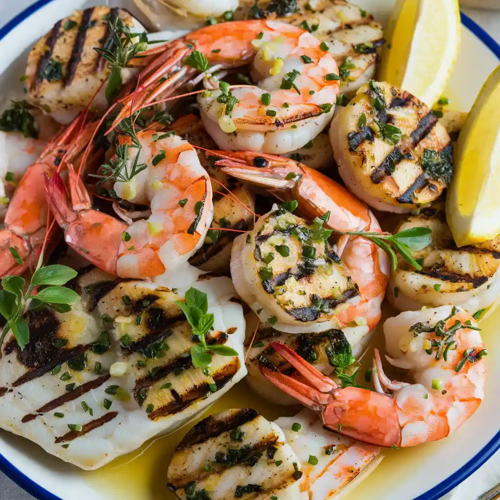 Fresh grilled seafood platter featuring shrimp, scallops, and white fish, seasoned with herbs and served with lemon wedges at a seafood restaurant near me