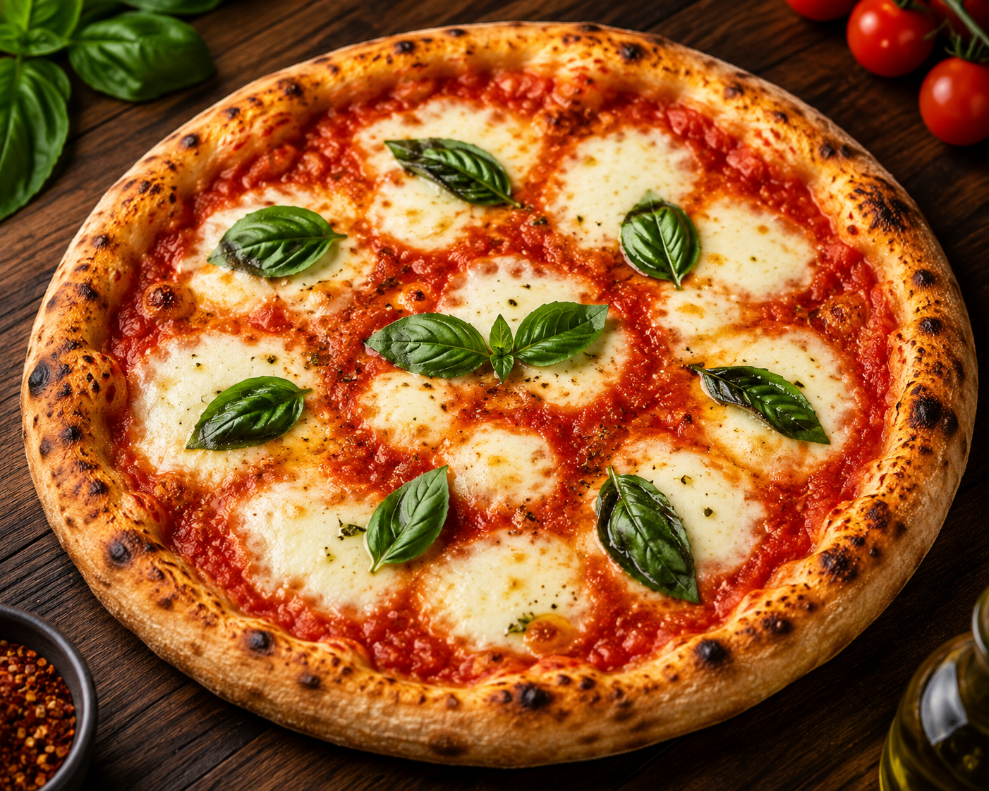 Fresh Margherita pizza with melted mozzarella, tomato sauce, and basil, a delicious fast food choice at a restaurant near me.