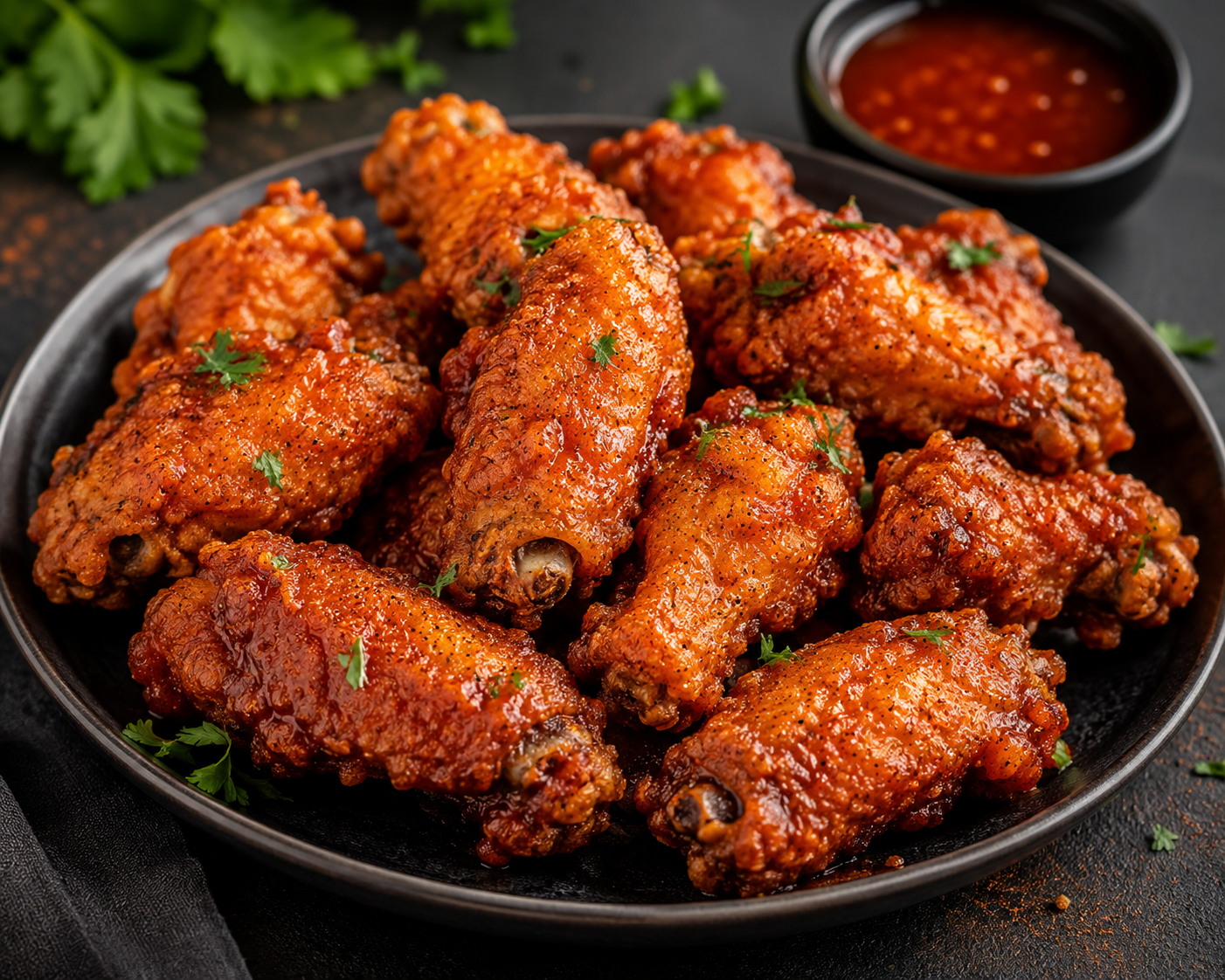 Crispy chicken wings with a golden crunchy coating and spicy glaze, served with dipping sauce at a restaurant near me.