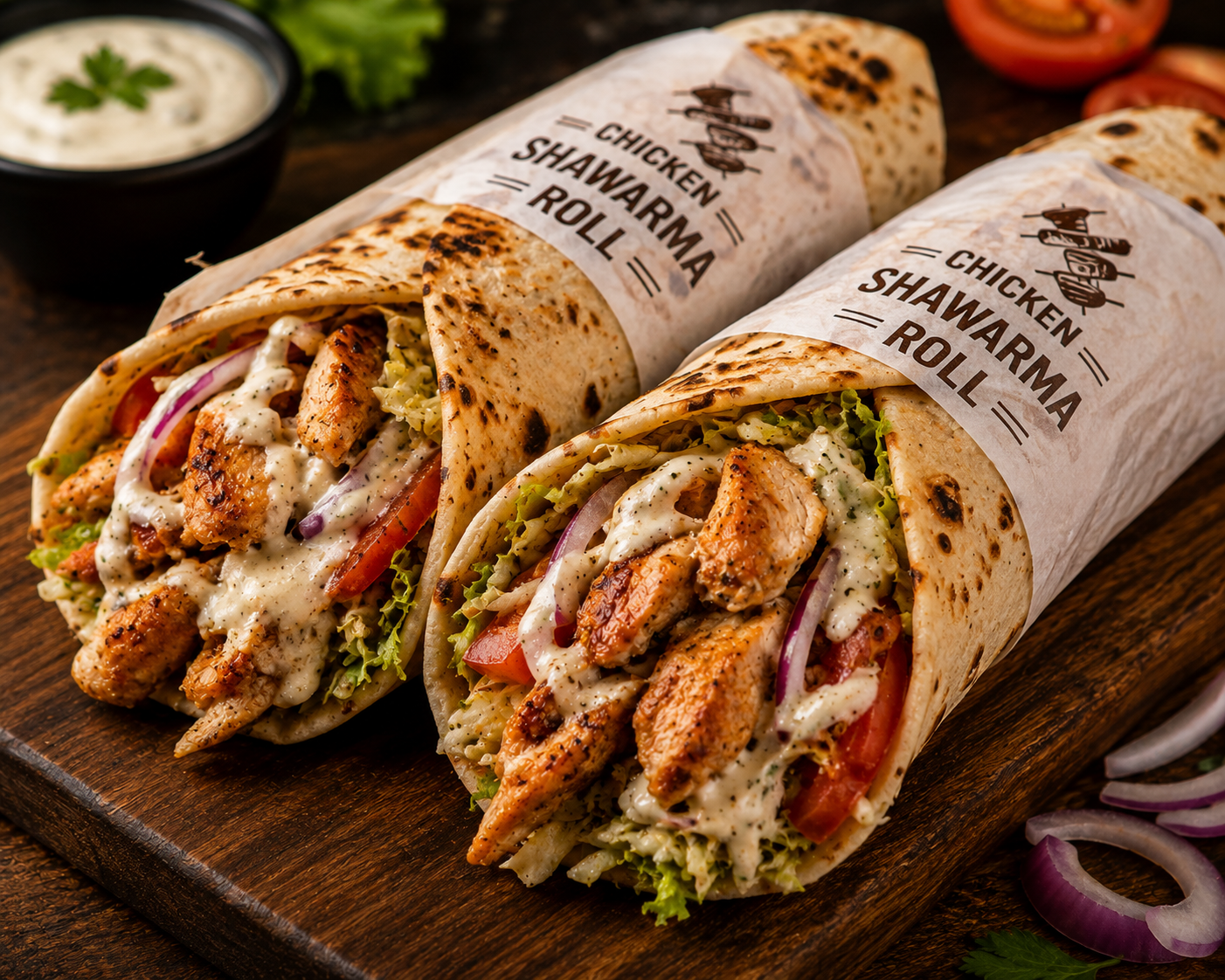 Fresh chicken shawarma roll filled with grilled chicken, crisp lettuce, vegetables, and creamy garlic sauce, a delicious fast food option at a restaurant near me