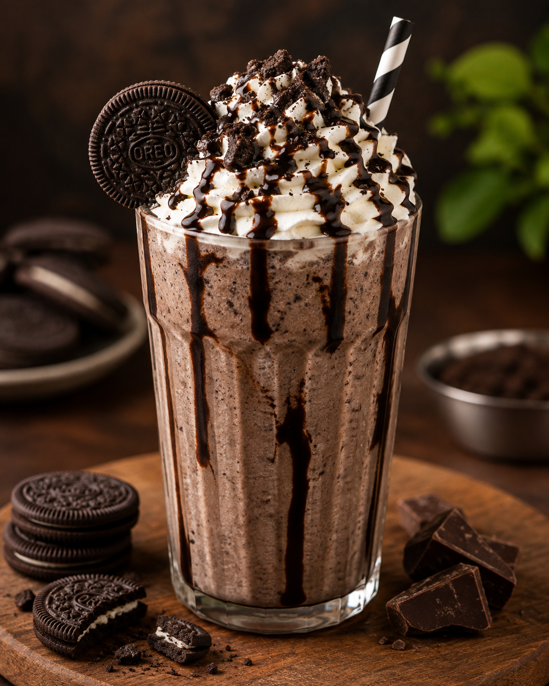 Menu Creamy Oreo chocolate shake topped with whipped cream, crushed Oreo cookies, chocolate syrup, and an Oreo biscuit. best shake near me