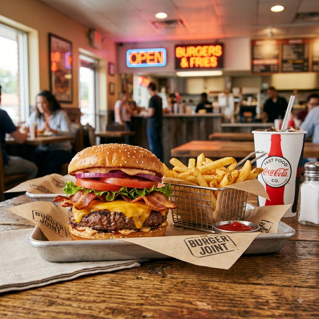 ast food restaurant near Vadakara serving a delicious burger, crispy fries, and refreshing drink